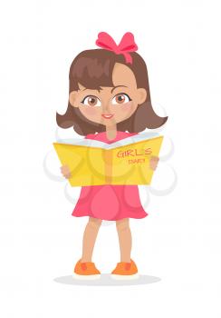 Girl reading girls diary book isolated on white. Adorable little girl has leisure time. School girl during break. Young lady at playground, playing, walking, writing secrets. Daily activity. Vector