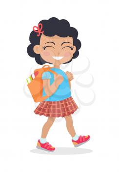 Girl going in for school with rucksack isolated on white. Little girl goes to study office. School girl during break searching for classroom. Young lady at playground at break. Daily activity. Vector