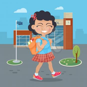 Girl going in for school with rucksack. Little girl goes to study office. School girl during break searching for classroom. Young lady at playground at break. Daily activity. Vector