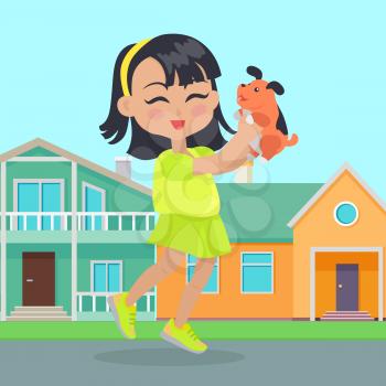 Girl holds small dog in her hands in front of houses. Little girl has leisure time. School girl during break. Young lady at playground, playing with toy puppy. Favourite toy. Daily activity. Vector