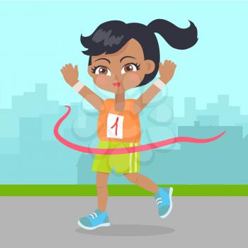 Young girl win the race. Little runner. Sport banner. Competitions, achievements, best results. Competitions, achievements. Athletes perform to show best results and win a trophy. Vector illustration