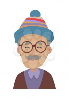 Hat. Old smiling man with grey mustache wearing blue striped cap and round glasses. Hat with violet, red and silver stripes. Violet skirt with collar. Brown sweater. Flat design. Vector illustration