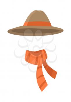Hat. Longedged brown hat with long orange stripe. Orange scarf with brown lines twisted on the right . White background. Set of icons of winter unisex clothing. Flat design. Vector illustration