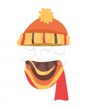 Hat. Contemporary soft orange knitted hat and bright scarf. Striped knitted scarf twisted on the right side with different coloured lines, yellow, brown. White background. Vector illustration