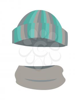 Hat. Woolen warm striped headwear and grey scarf twisted around. Round hat with green, grey, silver, dark stripes. Warm winter stuff on white background and flat design. Vector illustration.