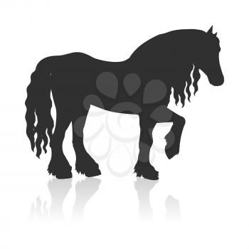 Black draft horse with curly mane vector. Flat design. Domestic animal. Country inhabitants concept. For farming, animal husbandry, horse sport illustrating. Agricultural species. Isolated on white