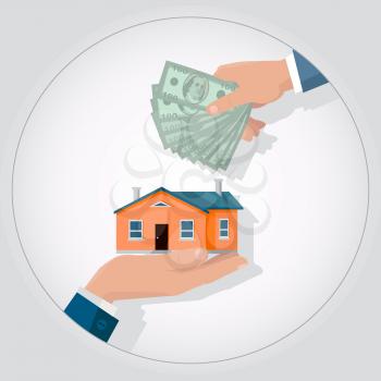 Real estate conceptual vector in flat design. Hands with house and money. Realtor agreement. Buying a new place for living. Illustration for real estate company advertising, housing concepts.