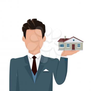 Real estate conceptual vector in flat design. Businessman character holding house in hand. Realtor. Buying a new place for living. Illustration for real estate company advertising, housing concepts.