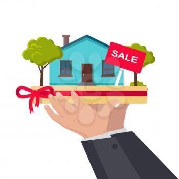 House sale concept vector. Flat design. Hands holding salver with house building, trees and rent sign on it. Illustration for real estate company advertising, housing concepts. Isolated on white.