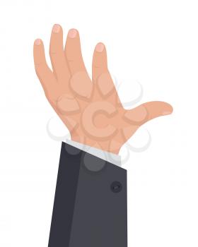 Human hand vector illustration in flat style design. Businessman palm facing  right. Human gesture illustration for business presentation concepts, infographic. Isolated on white background.