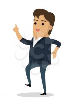 Man dancing with finger up. Happy boy find solution for problem. Successful idea banner. Satisfied male with results brainstorm isolated on white. Handsome man solved trouble. Vector illustration
