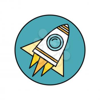 Spaceship round icon in flat. Spaceship on round blue background. Spacecraft icon. Rocket icon. Business design element. Design element, sign, symbol, icon in flat. Vector illustration.
