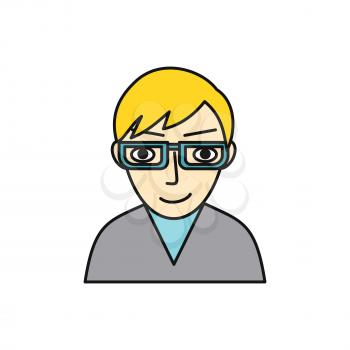 Man character avatar vector. Flat style. Male in glasses portrait. Illustration for identity in Internet, mood concepts, app pictograms, infographic. Isolated on white background. 