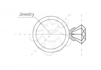 Ring with diamond, graphic scheme. Diamond shape. Blueprint outline jewelry. Craft jewelry making. A handmade jeweler process, manufacture of jewelery. Isolated vector illustration.