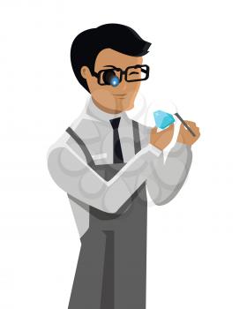Jeweler man examines the diamond isolated on white. Young jeweler in glasses examines faceted diamond in workplace. Flat style design. Occupation person to work with precious stones. Vector