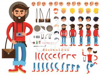 Man constructor. Man with photograph and bag. Separate part of male person. Icons with different emotions on face. Various types of faces. Front, side, back view of man. Bended hands, legs. Vector