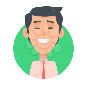 Man face emotive icon. Brunet male character smiling with closed eyes flat vector illustration isolated on white. Happy human psychological portrait. Positive emotions concept. For app, web design