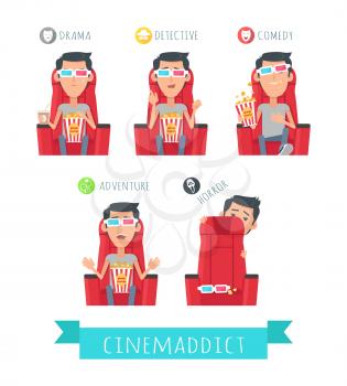 Films genres. Man in 3d stereo glasses seating in cinema with popcorn, watching movie isolated flat vector set. Cinema spectator film live reaction. Drama, detective, comedy, adventure, horror concept