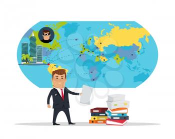 Man in business suite with sheet of paper on panama-city, world map background. Public corruption disclosure. International financial investigation concept. Offshore documents scandal illustration.