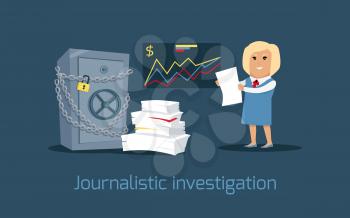 Journalistic investigation concept vector. Flat design. Financial crime, tax evasion, money laundering, corruption illustration. Media worker woman character. Journalist with important documents.