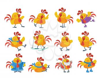 Rooster cartoon character icons. Cute cock dancing, skiing, skating, dressed in a Santa costume isolated flat vectors set. Chinese zodiac calendar animal. For New Year greeting card, xmas invitation