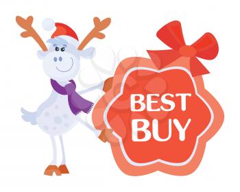 Best buy sticker for Christmas sale. Bright red tag with reindeer in hat and scarf flat vector illustration isolated on white background. For stores traditional winter seasonal discounts ad 