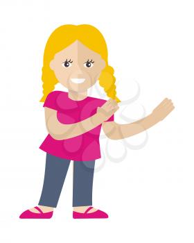 Smiling blonde girl with raised hands for holding some thing flat vector illustration isolated on white background. Cute child. For advertising, people infographics, childhood concepts design