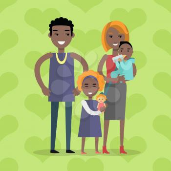 Family vector concept. Flat design. Genetic similarity to parents. Little boy on mother hands eating bottle, girl with doll standing between father and mother. Couple with son and daughter  