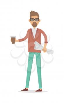 Freelancer with cup of coffee and new project isolated. Modern architect. Man with beard. Make money business concept. Successful businessman. Young person in stylish apparel. Handsome guy. Vector