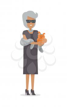 Rich woman in luxury fur isolated on white background. Beautiful lady with pet in stylish clothes. Middle aged woman in glasses and necklace. Cute cartoon character. Vector illustration in flat style