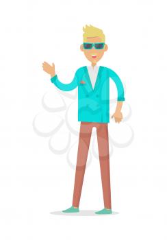 Elegant rich blond man in sunglasses. Rich man in expensive suit isolated on white. Successful businessman. Young person in stylish apparel. Handsome guy in modern clothes. Vector illustration
