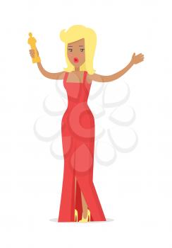 Actress superstar. Talented woman gets oscar award isolated on white. Famous female young girl in luxury red dress. Flat vector icon. Unique talent show picture graphic art. Vector illustration
