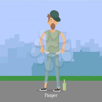 Pauper men with empty pockets in city park. Bottle of vodka whisky near by. Alky, wino male. Unfortunate, poverty pleb. Alcoholic, dipsomaniac, drunkard. Vector illustration in flat style