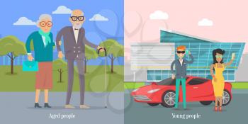 Aged people walking in park. Young people standing near luxury coupe car. Happy senior man and woman together. Middle aged couple. Successful young businessman couple. Vector illustration