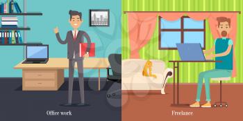 Office worker at working place. Freelancer at work. Elegant male with documents folder. Successful businessman. Young people. Poster shows difference between work at home or in office. Vector