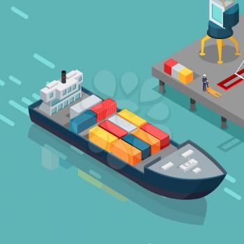 Cargo port vector illustration. Isometric projection. Big ship with steel containers standing on the berth at the port, crane, worker with hydraulic transporter ashore. For delivery company ad design