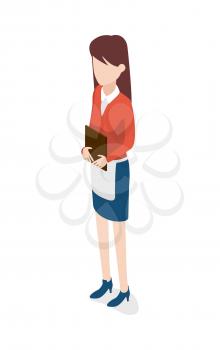 Restaurant. Full length portrait of young waitress holding brown notebook. Female worker wearing white shirt, red blouse, blue skirt and shoes. Long white apron on waist. Flat design. Vector