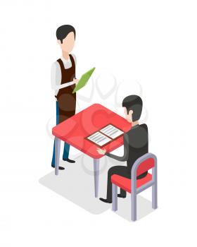 Male waiter in special clothes with green notebook standing near table and taking customer order at restaurant. Man with black hair sitting at red table and looking through menu. Flat design. Vector