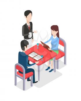 At restaurant waiter with white towel on hand is standing near table. Two customers at table are looking through menu. Woman holding menu in hands. Two glasses on red table. Flat design. Vector