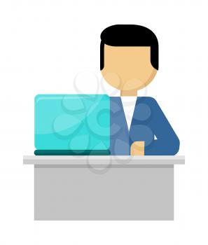 Man works with laptop and analyzes website in flat design style. Developing solution, software development or construction. Search of innovations. Office worker with notebook. Vector illustration