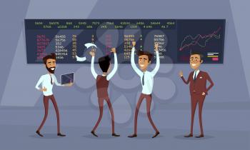 Business team work success concept. Online trading. Brokerage trading on the stock exchange vector in flat style design. Group of businessmen enjoys success deal on stock market illustration.