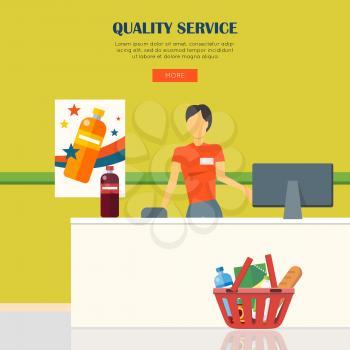 Quality service concept. Woman in orange shirt standing behind counter of supermarket. People shopping, marketing people, customer in mall, retail store illustration. People in supermarket interior.