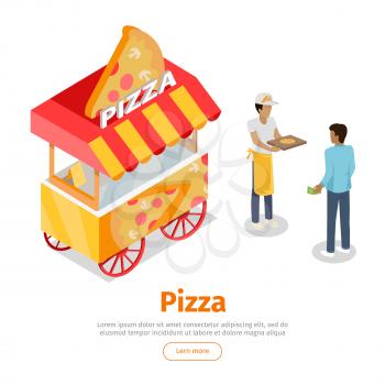 Pizza trolley in isometric projection style design icon. Street fast food concept. Food truck with umbrella illustration. Isolated on white background. Mobile shop with cooker and buyer. Vector
