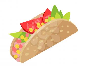 Mexican hotdog isolated on white. Sonoran Hot Dog. Hot dog wrapped bacon, cooked on a grill, topped with beans, grilled onions, tomatoes, mayonnaise, cream sauce, mustard served on bread. Vector