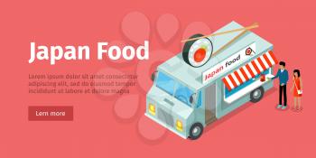 Japan food truck isometric projection style design icon. Street fast food concept. Food trolley with sushi and stickers on top. Isolated on red background. Chinese mobile shop. Vector illustration