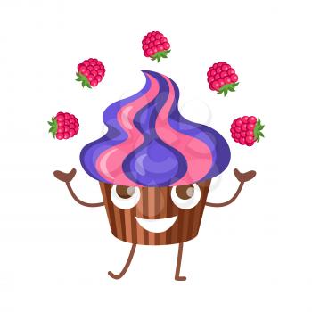 Sweets. Fruit cupcake juggle with four raspberries. Violet-pink high muffin in brown stripped form for baking. Side view of colourful bun. Funny cartoon character. Flat design. Vector illustration