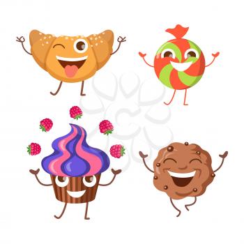 Sweets. Collection of four different confectioneries. Croissant with one open eye and raised hands. Running brown baked cracker with pieces of chocolate. Happy round candy. Fruit cupcake. Vector