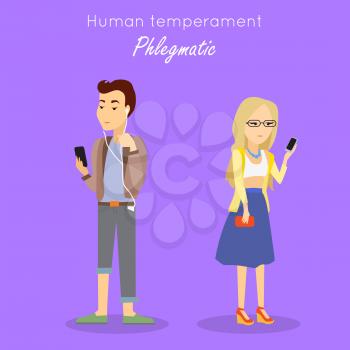 Phlegmatic type of human temperament concept. Calm young woman and man characters watching on mobile phones flat vector. People personality reactions and problems. For psychological tests illustrating