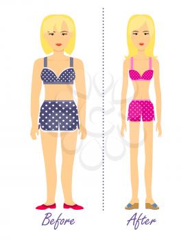 Figure of woman before and after diet. Banner of person before and after weight loss. Sportive and fat girl isolated. Promotion healthy diet and good fit. Fitness, sport, jogging. Vector illustration