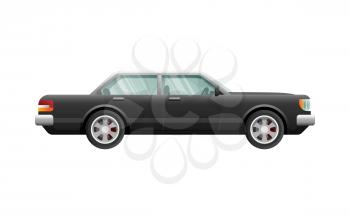 Transportation. Picture of isolated classical black car with four doors. Fast four-wheeled mean of transportation in simple cartoon design. Front and back headlights. Four silver discus. Vector